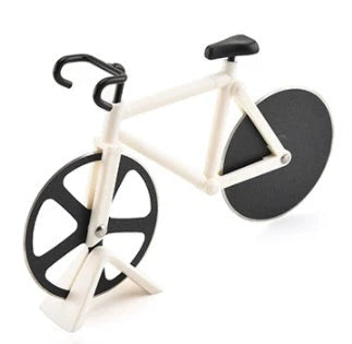 Stainless steel pizza cutter with modern bicycle-inspired design for effortless slicing of pizzas, flatbreads, and more
