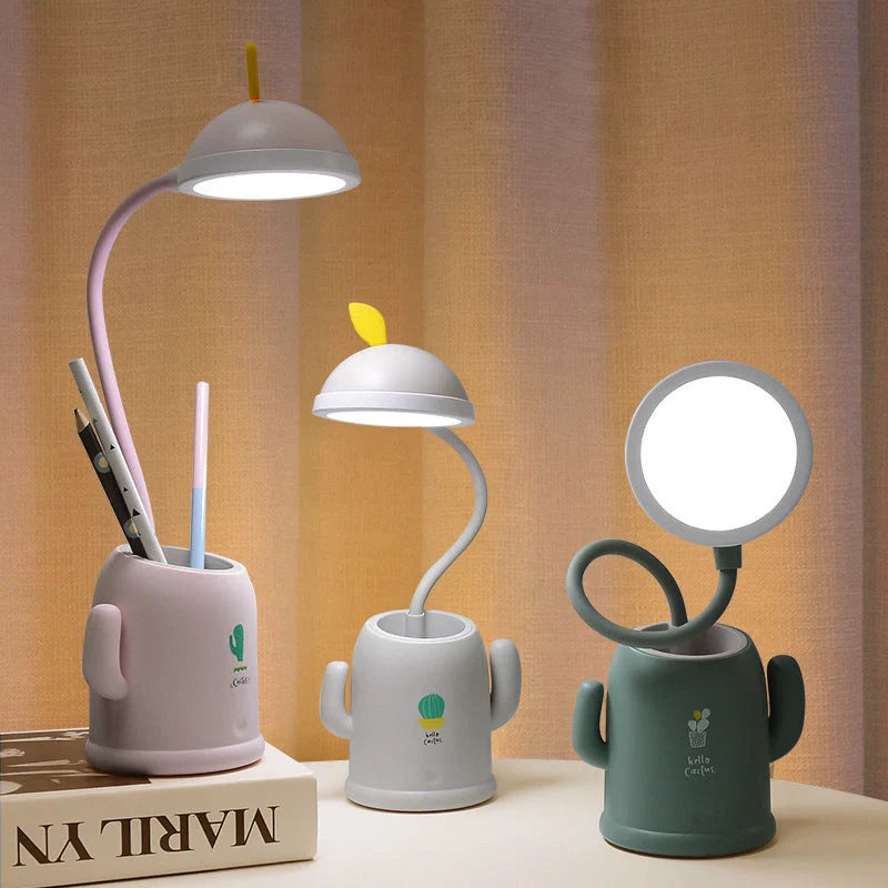 Cactus-shaped table lamp with pen holder and USB charging feature