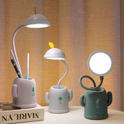 Cactus-shaped table lamp with pen holder and USB charging feature