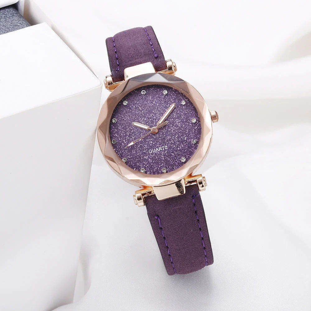 Stylish and versatile starry-patterned watch with a sleek case and comfortable leather strap, available in a variety of captivating colors