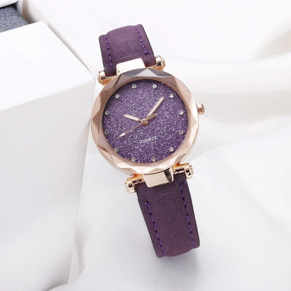 Stylish and versatile starry-patterned watch with a sleek case and comfortable leather strap, available in a variety of captivating colors