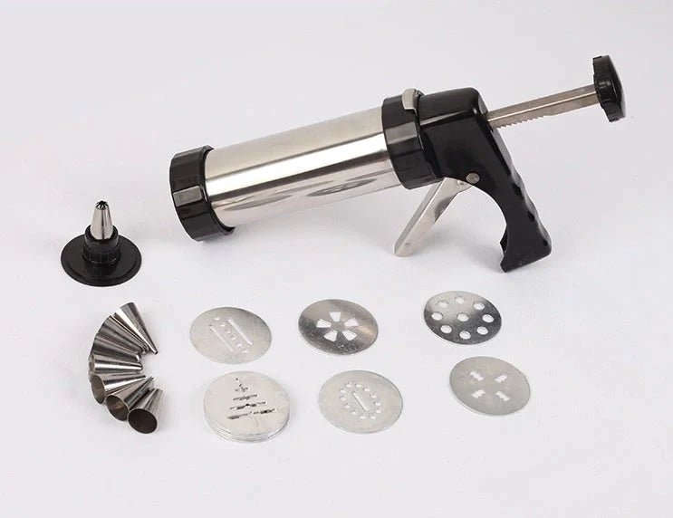 Stainless steel biscuit press with 13 moulds and 8 nozzles for baking and decorating