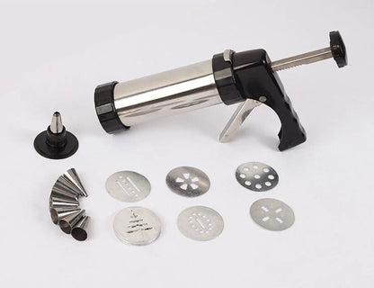 Stainless steel biscuit press with 13 moulds and 8 nozzles for baking and decorating