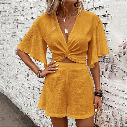 Stylish women's summer two-piece set with V-neck and ruffle sleeves in various colors