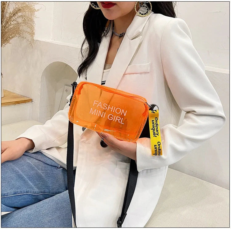 Transparent square fashion shoulder bag with adjustable strap and internal phone compartment