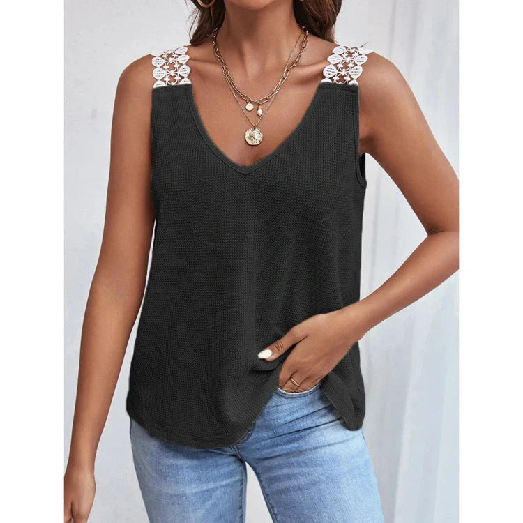 Waffle V-Neck Vest with lace detail, available in light grey, black, pink, brick red, and apricot