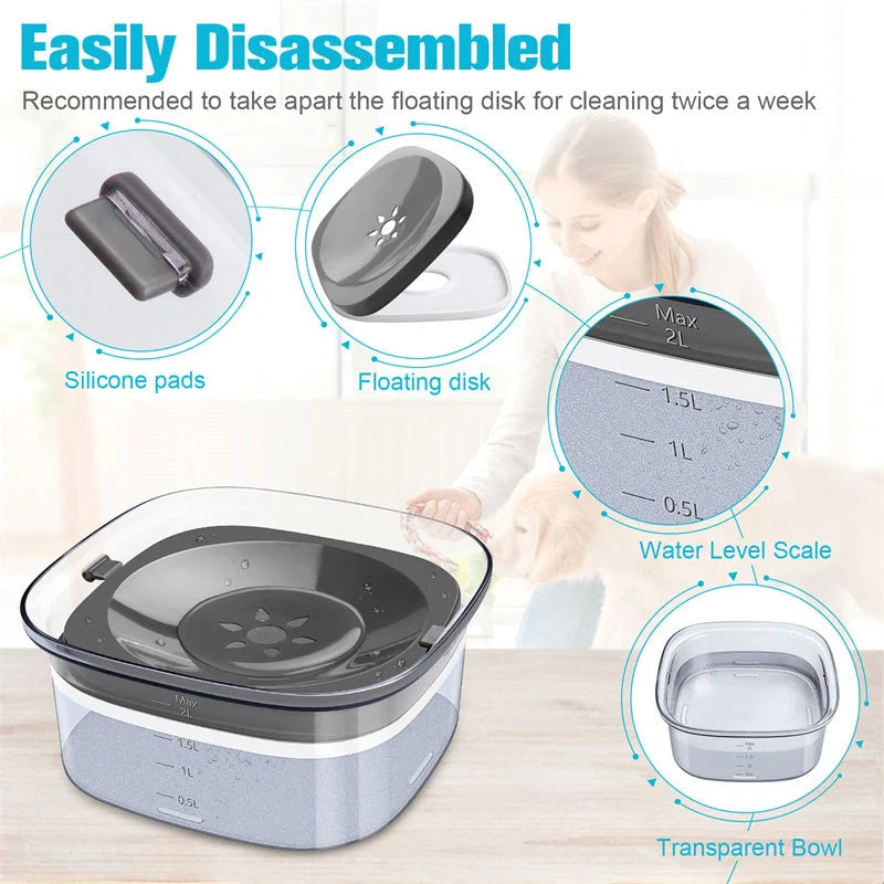 70oz transparent dog water bowl with slow drinking feature and visible water level