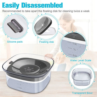 70oz transparent dog water bowl with slow drinking feature and visible water level