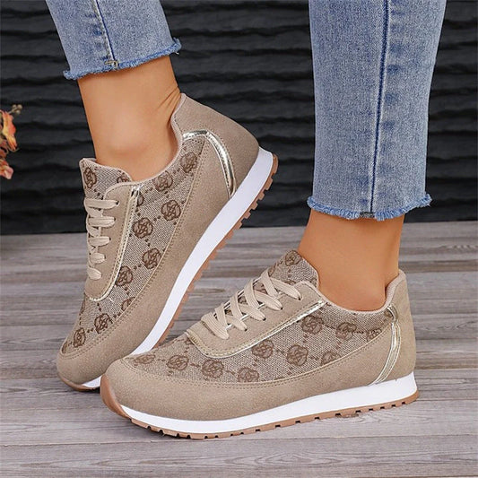 Women's floral print lace-up sneakers in grey and camel colours