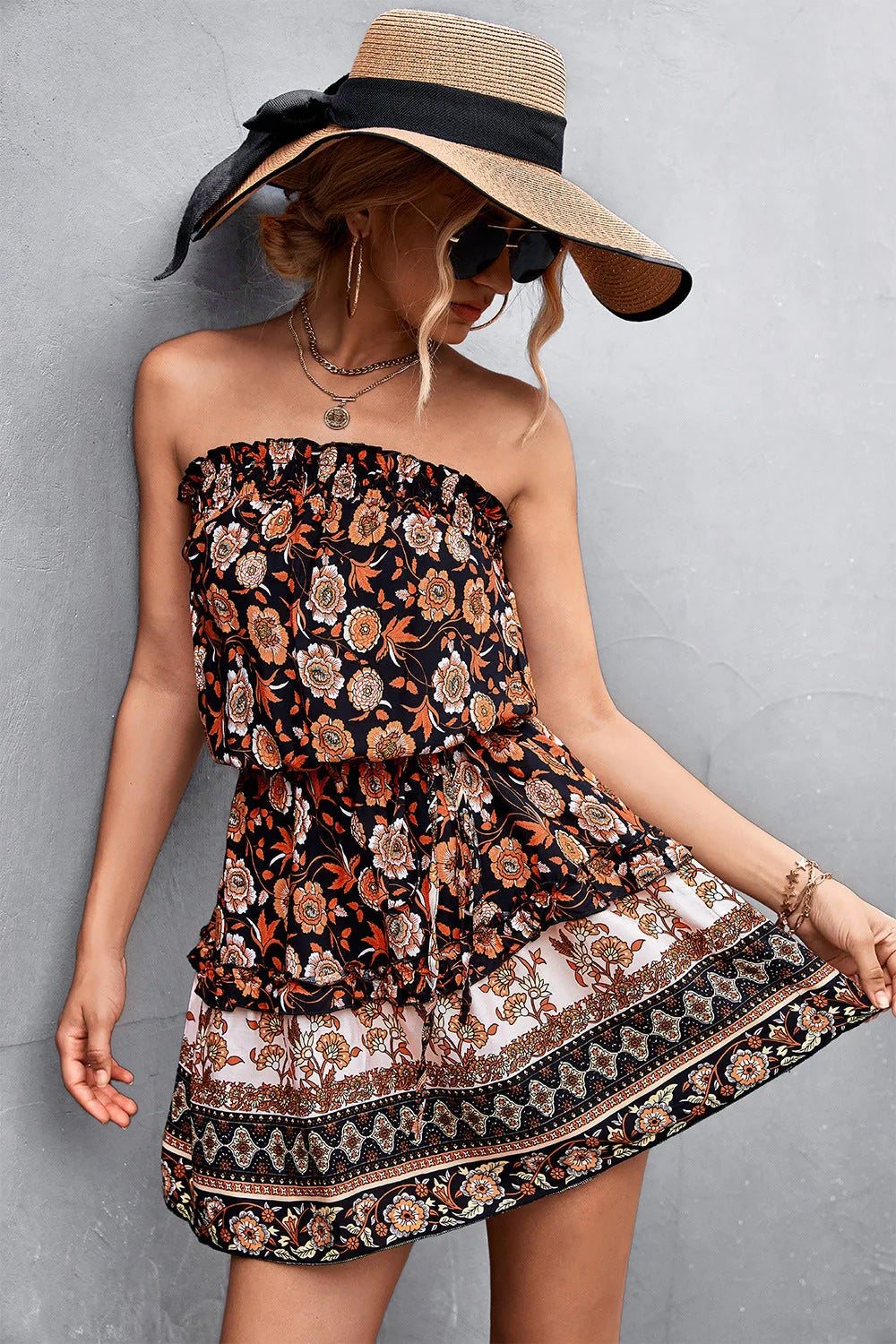 Women's Bohemian Floral Print Strapless Dress in black and orange for summer beach wear