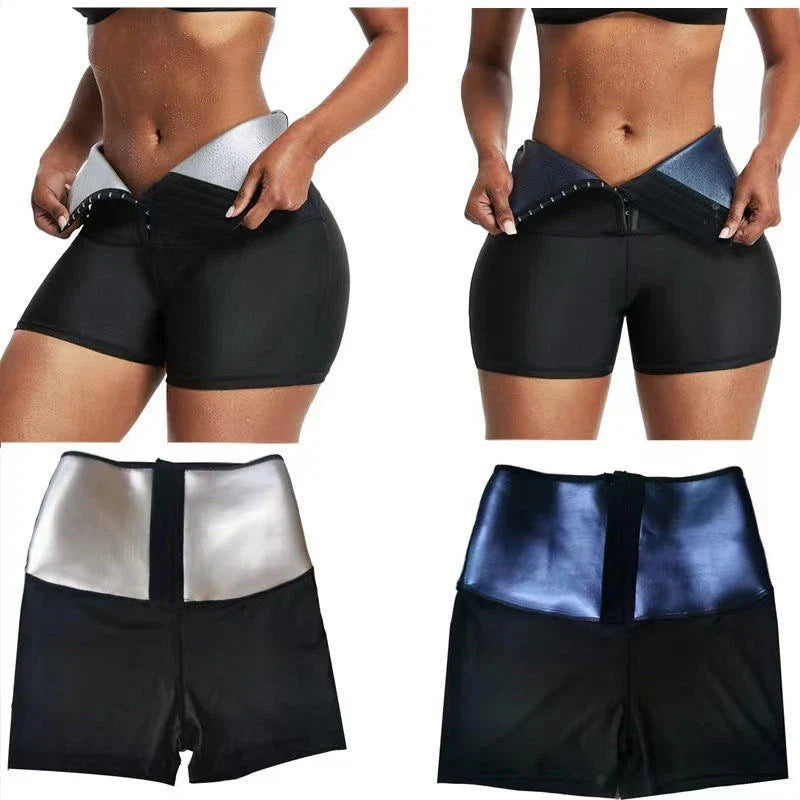 Premium slimming shapewear leggings in silver and blue colors, designed to provide tummy control and a sculpted silhouette.