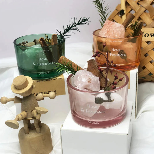 Natural stone essential oil diffuser with decorative flowers and plants, creating a calm and tranquil atmosphere in the home.