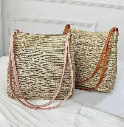 Bohemian straw woven shoulder bag with a compact yet spacious design, perfect for summer outings and beach getaways.