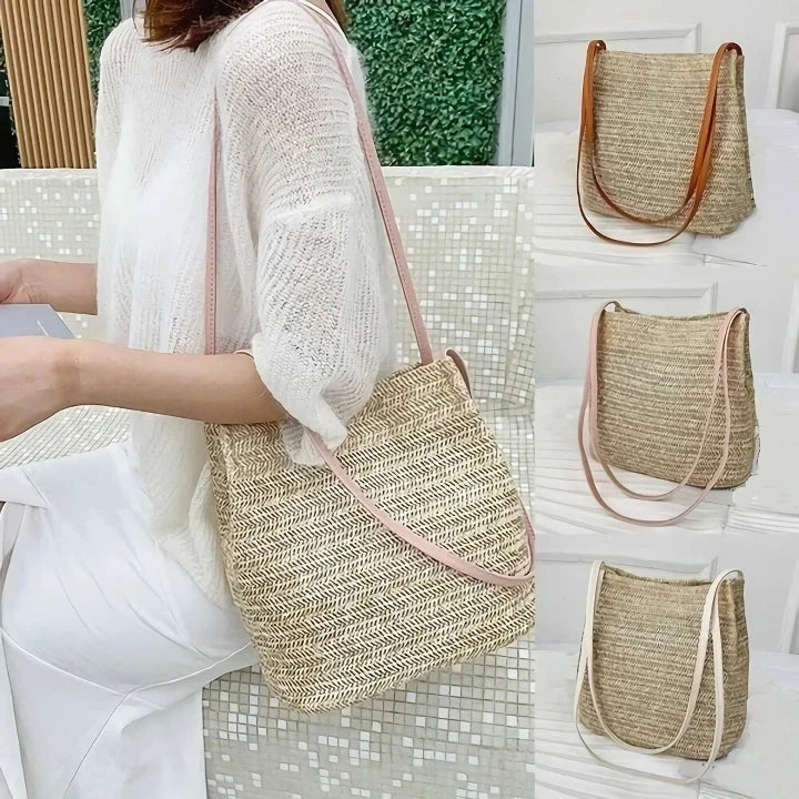 Bohemian straw woven shoulder bag with a compact yet spacious design, perfect for summer outings and beach getaways.