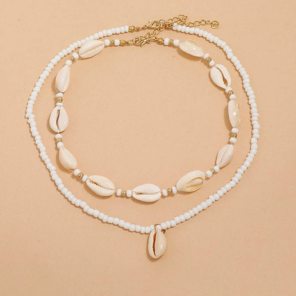 Bohemian Summer Sea Shell Choker Necklace Set with adjustable closure and natural sea shell and bead design