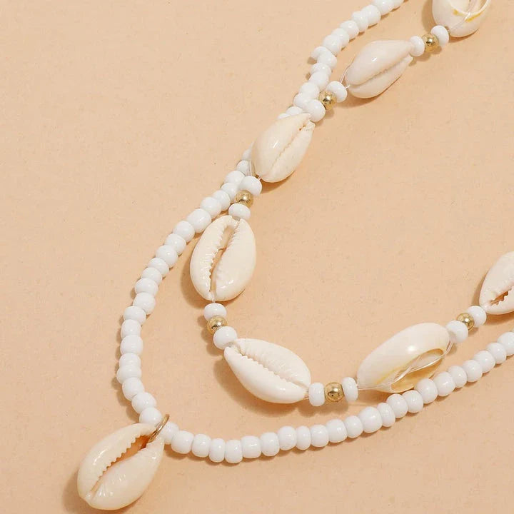Bohemian Summer Sea Shell Choker Necklace Set with adjustable closure and natural sea shell and bead design