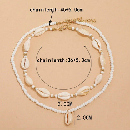 Bohemian Summer Sea Shell Choker Necklace Set with adjustable closure and natural sea shell and bead design