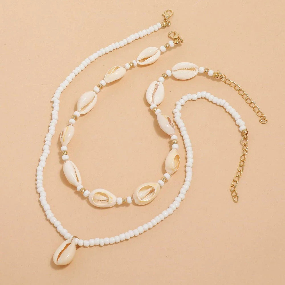 Bohemian Summer Sea Shell Choker Necklace Set with adjustable closure and natural sea shell and bead design