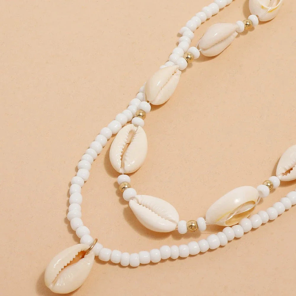 Bohemian Summer Sea Shell Choker Necklace Set with adjustable closure and natural sea shell and bead design