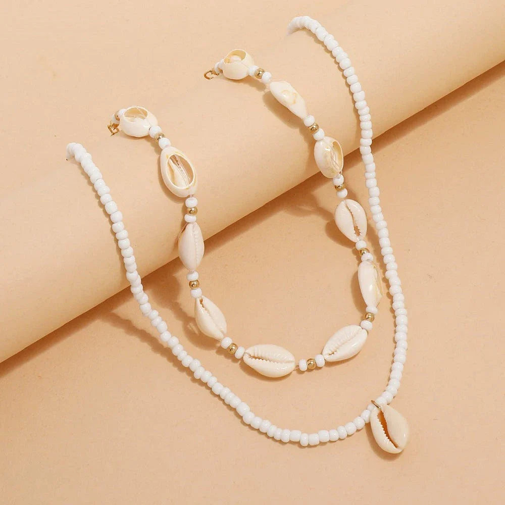 Bohemian Summer Sea Shell Choker Necklace Set with adjustable closure and natural sea shell and bead design