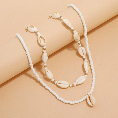 Bohemian Summer Sea Shell Choker Necklace Set with adjustable closure and natural sea shell and bead design