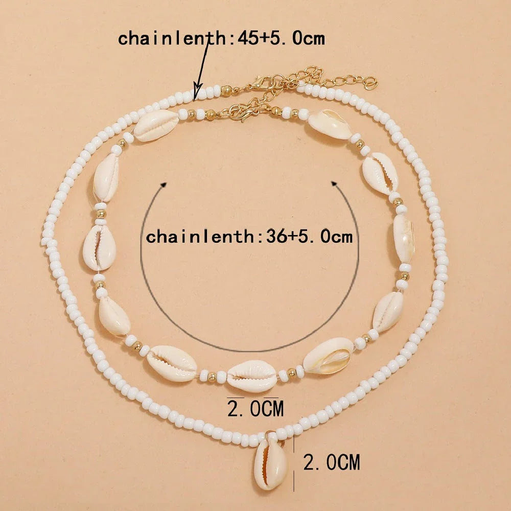 Bohemian Summer Sea Shell Choker Necklace Set with adjustable closure and natural sea shell and bead design