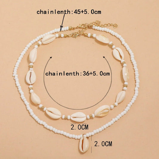 Bohemian Summer Sea Shell Choker Necklace Set with adjustable closure and natural sea shell and bead design
