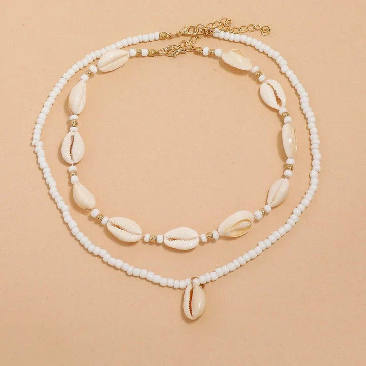 Bohemian Summer Sea Shell Choker Necklace Set with adjustable closure and natural sea shell and bead design
