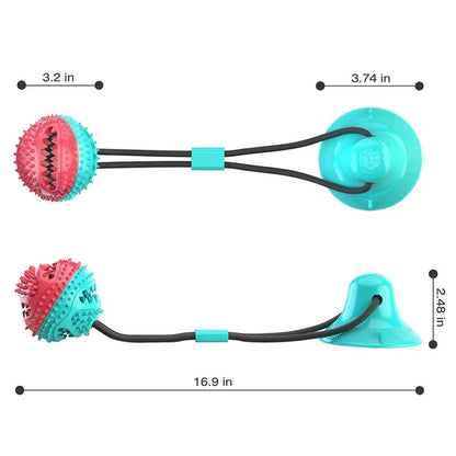 A blue interactive chew ball toy for large dogs with a suction cup, rope, and treat dispenser for dental care and playtime