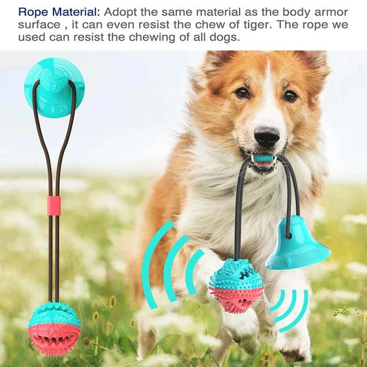 A blue interactive chew ball toy for large dogs with a suction cup, rope, and treat dispenser for dental care and playtime