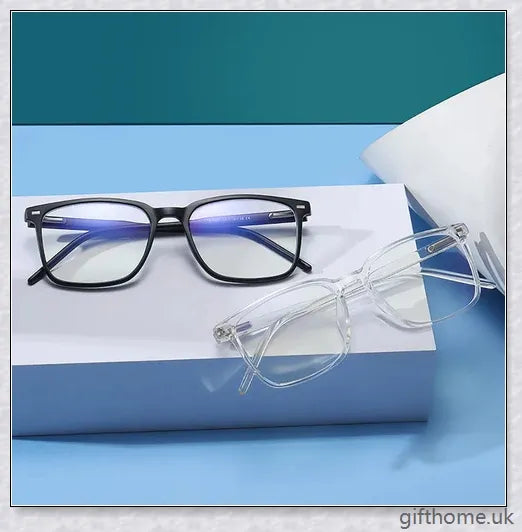 A pair of stylish, blue light blocking glasses in a variety of frame colors for eye protection and sleep support
