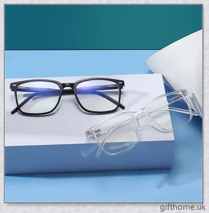 A pair of stylish, blue light blocking glasses in a variety of frame colors for eye protection and sleep support