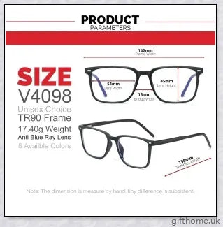 A pair of stylish, blue light blocking glasses in a variety of frame colors for eye protection and sleep support