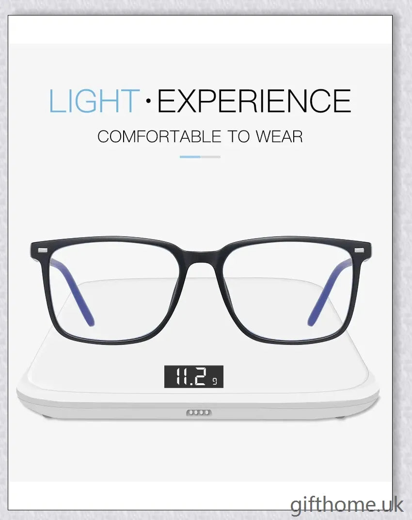 A pair of stylish, blue light blocking glasses in a variety of frame colors for eye protection and sleep support