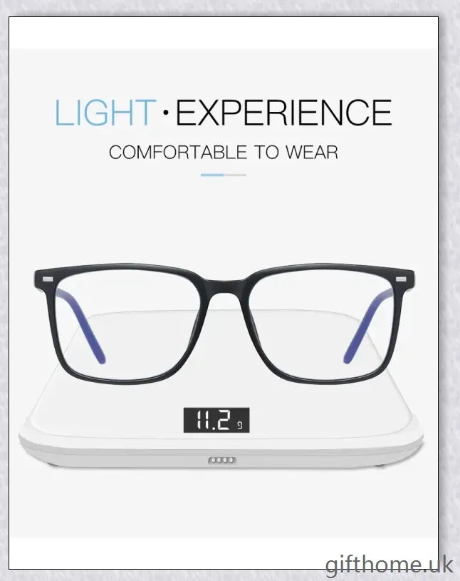 A pair of stylish, blue light blocking glasses in a variety of frame colors for eye protection and sleep support