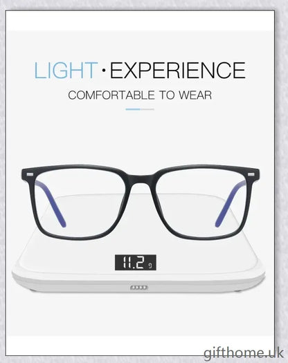 A pair of stylish, blue light blocking glasses in a variety of frame colors for eye protection and sleep support
