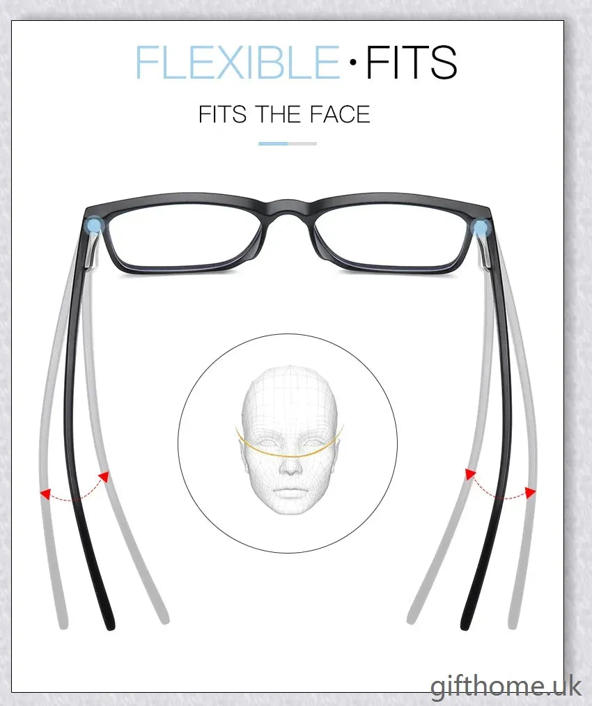 A pair of stylish, blue light blocking glasses in a variety of frame colors for eye protection and sleep support