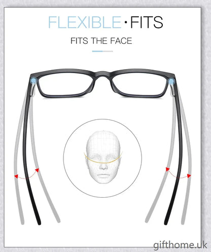 A pair of stylish, blue light blocking glasses in a variety of frame colors for eye protection and sleep support