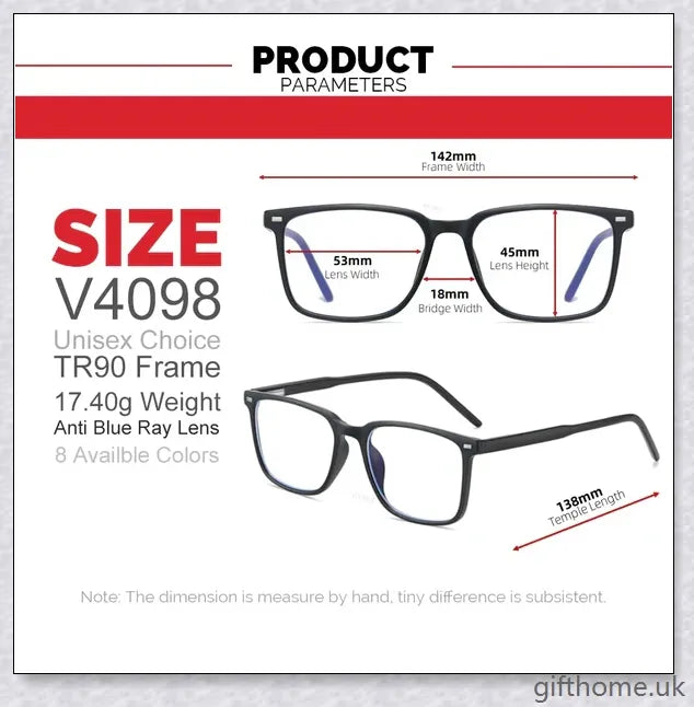 A pair of stylish, blue light blocking glasses in a variety of frame colors for eye protection and sleep support