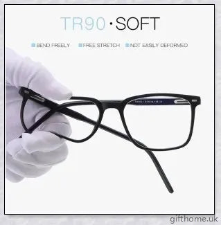 A pair of stylish, blue light blocking glasses in a variety of frame colors for eye protection and sleep support