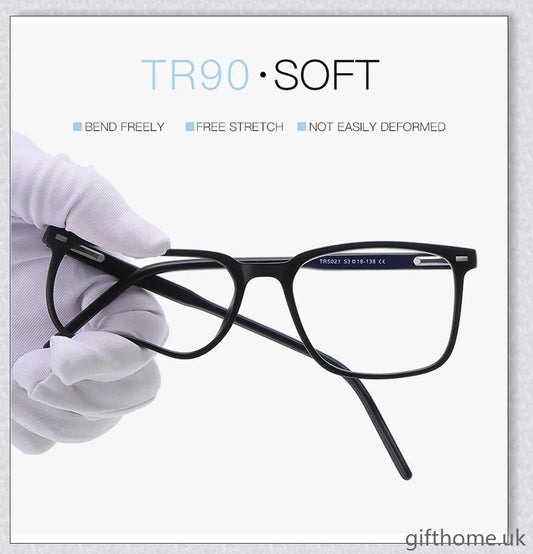 A pair of stylish, blue light blocking glasses in a variety of frame colors for eye protection and sleep support