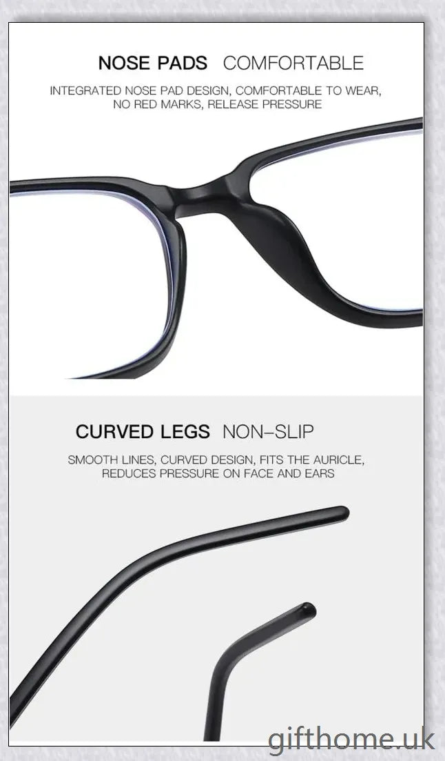 A pair of stylish, blue light blocking glasses in a variety of frame colors for eye protection and sleep support