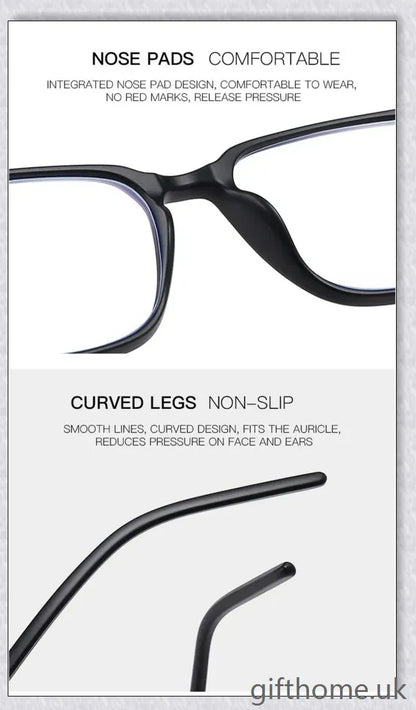 A pair of stylish, blue light blocking glasses in a variety of frame colors for eye protection and sleep support