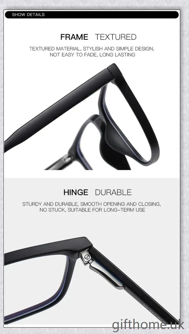 A pair of stylish, blue light blocking glasses in a variety of frame colors for eye protection and sleep support