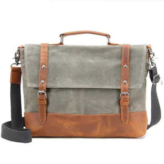 Overflowing canvas retro style men's shoulder bag in khaki colour with adjustable strap and multiple internal pockets