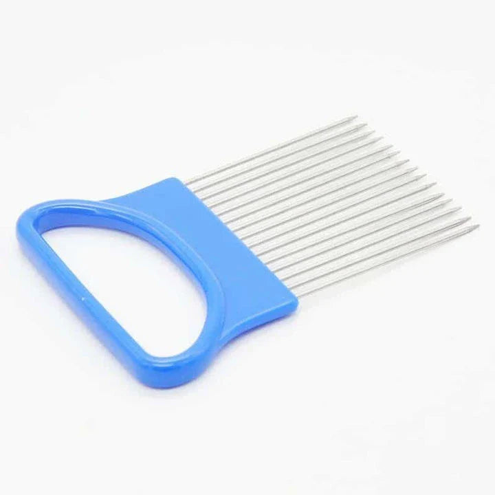 Stainless steel vegetable holder securely gripping various produce for precise slicing and dicing in the kitchen