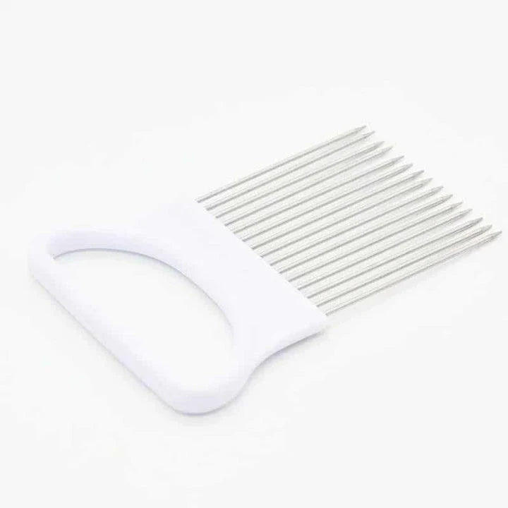 Stainless steel vegetable holder securely gripping various produce for precise slicing and dicing in the kitchen