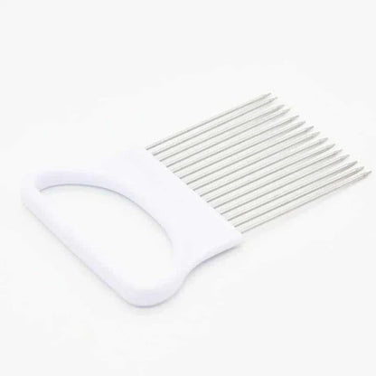 Stainless steel vegetable holder securely gripping various produce for precise slicing and dicing in the kitchen