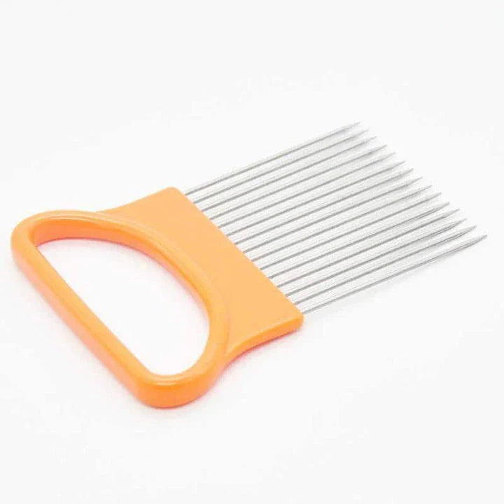 Stainless steel vegetable holder securely gripping various produce for precise slicing and dicing in the kitchen
