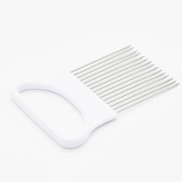 Stainless steel vegetable holder securely gripping various produce for precise slicing and dicing in the kitchen